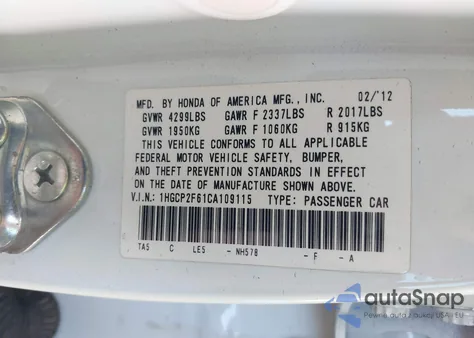 2012 Honda Accord 2.4 Se из США, поврежденный, VIN 1HGCP2F61CA109115